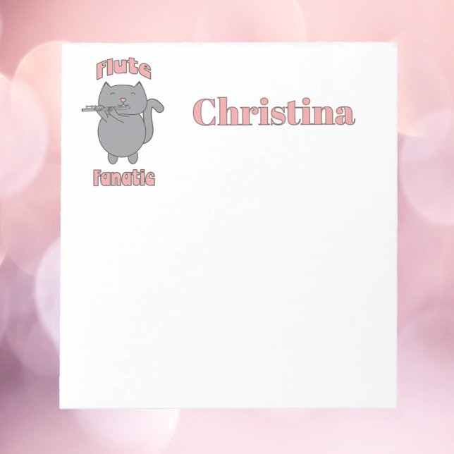 Bloc-note Chat Gris Fou de Flûte Personnalisable (A notepad with a gray cat playing the flute and the words flute fanatic.  The name can be changed.)