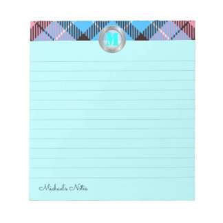 Bloc-note Chic Tartan Script Personnalisé Monogramme Cyan Li