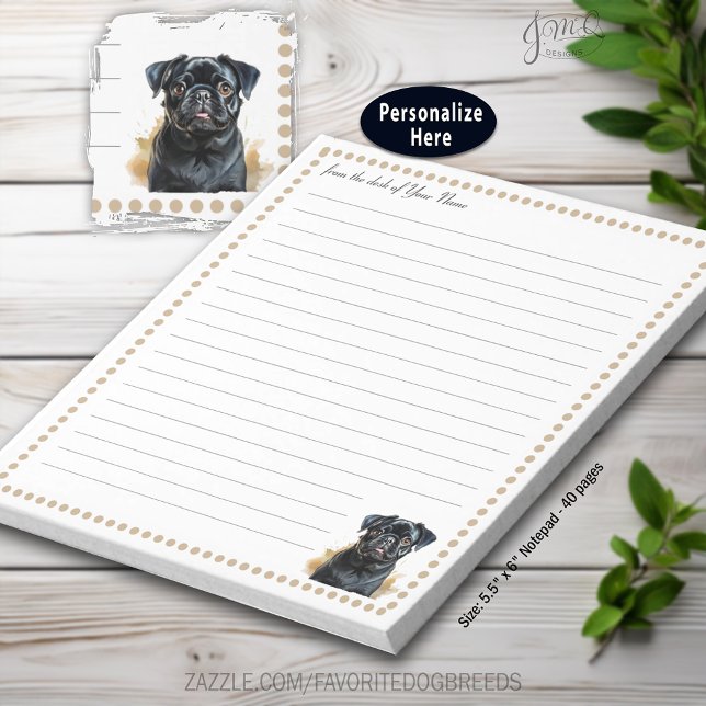 Bloc-note Chien de Carlin noir personnalisé (Black Pug Dog Personalized lined Notepad)