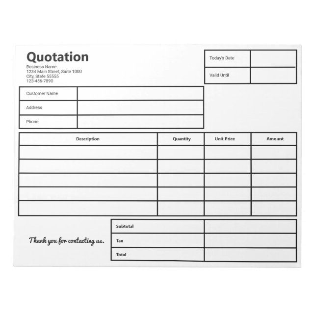 Bloc-note Citation Modèle d'entreprise simple noir et blanc (Devant)