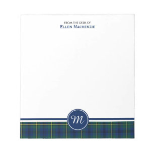 Bloc-note Clan Johnston Tartan Monogramme bleu et vert plaid