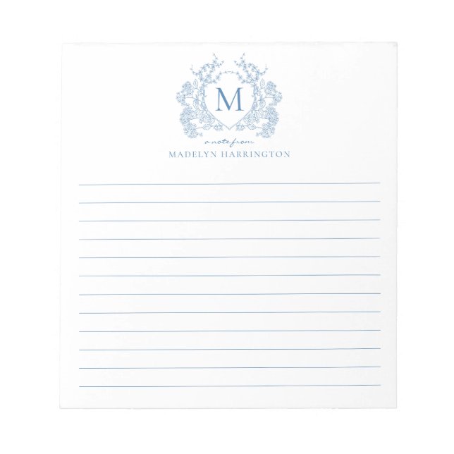 Bloc-note Classique bleu français floral crest monogramme do (Devant)
