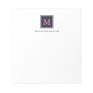 Bloc-note Classique Chic Bleu foncé et Monogramme de corail