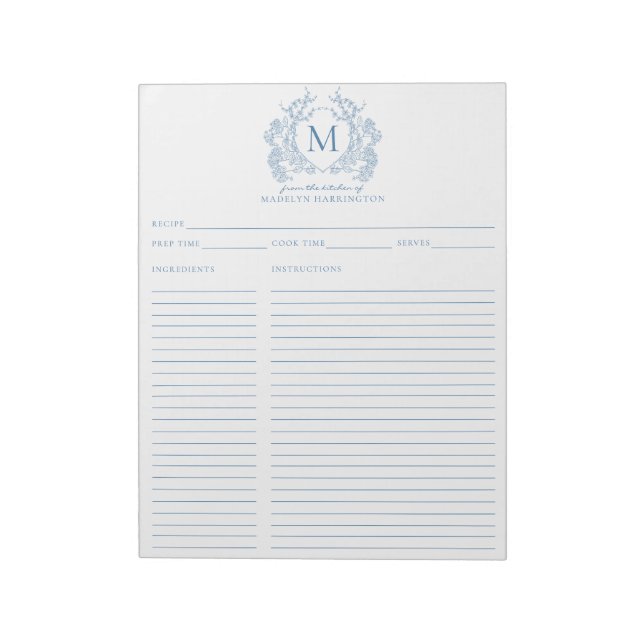 Bloc-note Classique Français Bleu Cimier Floral Monogramme R (Tourné)