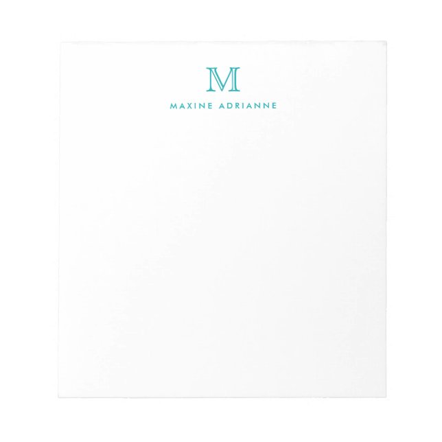 Bloc-note Classique Moderne Simple Turquoise Vert Monogramme (Devant)