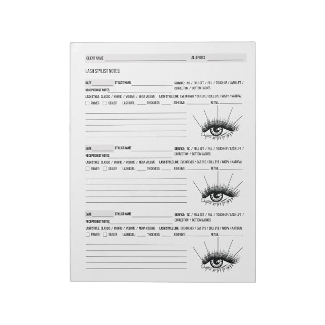 Bloc-note Client Lash, Client Lash Extensions (Tourné)