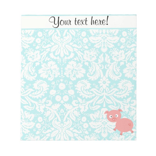 Bloc-note Cochon rose mou ; Damas Turquoise (Devant)