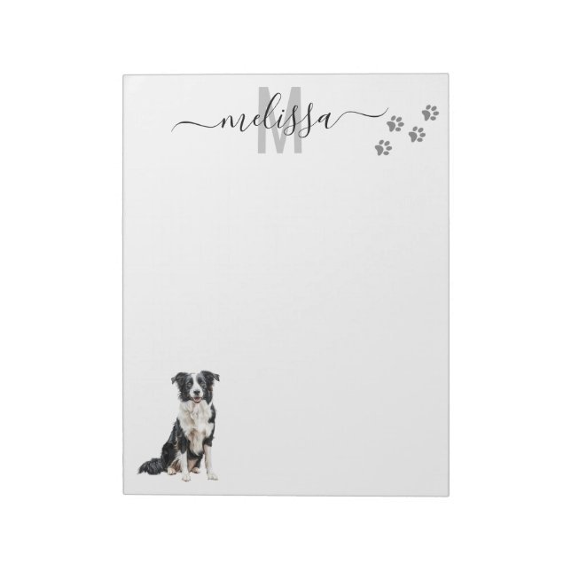 Bloc-note Collie Bordure Aquarelle Monogramme Personnalisé (Tourné)