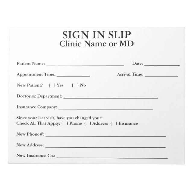 Bloc-note Confidentialité Patient Se Connecter Slips Bloc-no (Devant)