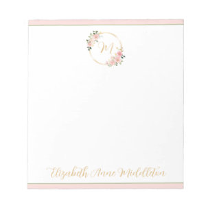 Bloc-note Couronne florale monogramme aquarelle rose et vert