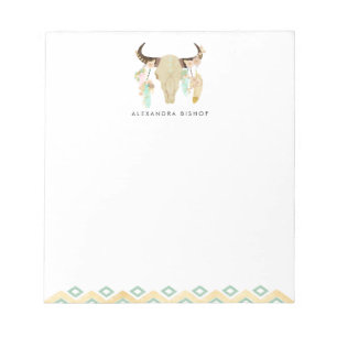 Bloc-note Crâne et plumes florales tribales personnalisées