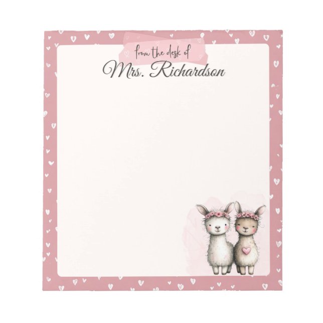 Bloc-note Custom Valentine Notepad Cute Pink Llama & Hearts (Devant)