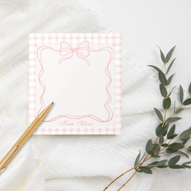 Bloc-note Cute Pink Coquette Bow Gingham Personalized Name (Créateur téléchargé)