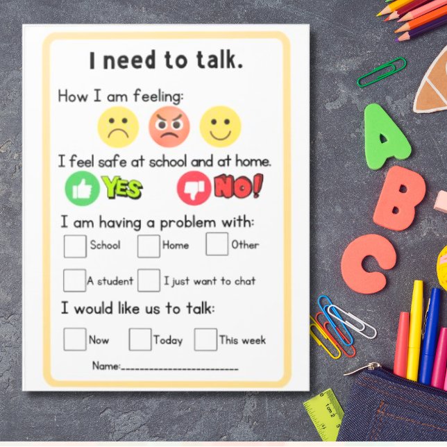 Bloc-note Demande du conseiller d'orientation du non-lecteur (Primary counseling request self-referral for early reader identifying feelings, indicating safety)
