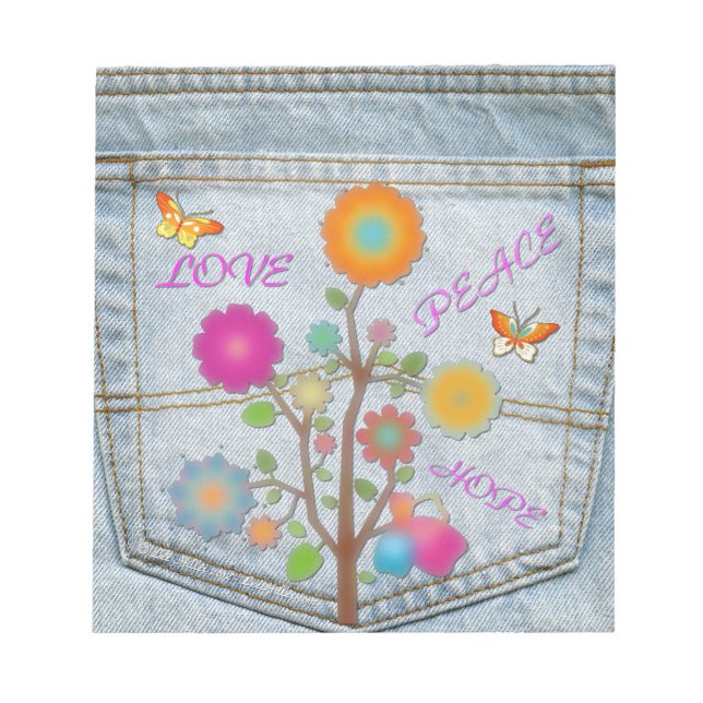 Bloc-note Denim Back Fleurs de poche Paix Aimer Espoir (Devant)