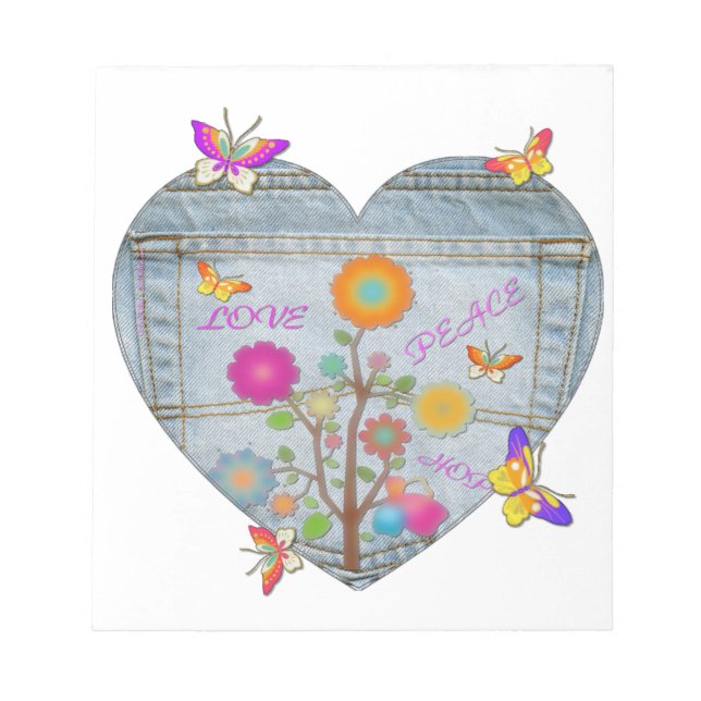 Bloc-note Denim Pocket Fleurs cardiaques Papillons (Devant)