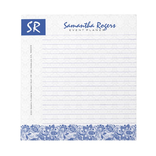 Bloc-note Dentelle florale bleu monogramme et Damas blancs 2 (Devant)