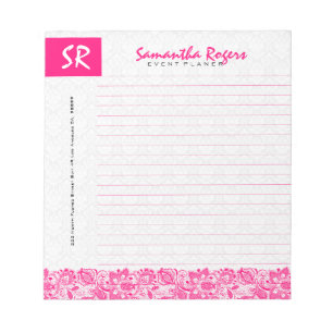 Bloc-note Dentelle florale rose chaud et Damas blanches mono
