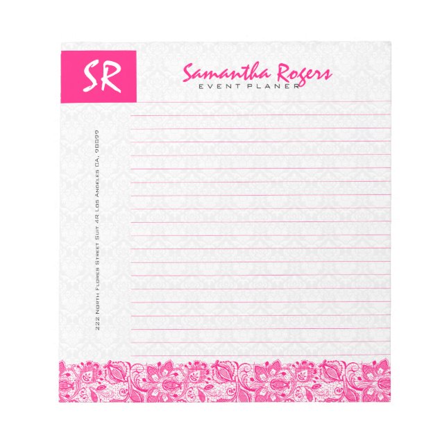 Bloc-note Dentelle florale rose chaud et Damas blanches mono (Devant)