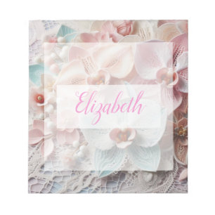 Bloc-note Dentelle monogramme fleurs florales rose pastel or