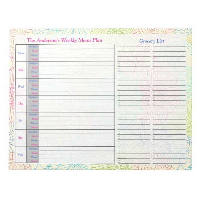 Bloc-note Doodles floraux Plan de menu personnalisé hebdomad (Devant)