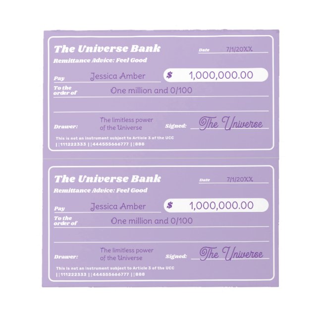 Bloc-note Droit d'attraction Cute Pastel Purple Blank Checks (Devant)