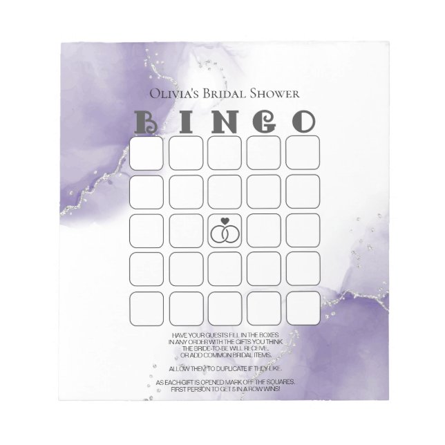 Bloc-note Dusty Amethyst Marble Fête des mariées Bingo (Devant)