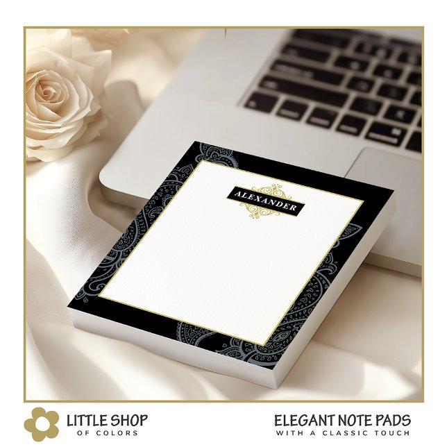 Bloc-note Élégant Black Gold Paisley personnalisable Monogra (Créateur téléchargé)