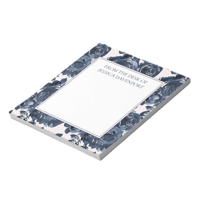 Bloc-note Elégant bleu marine Indigo Floral Blanc du bureau (Tourné)
