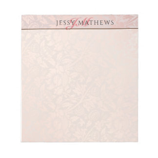 BLOC-NOTE ÉLÉGANT DAMAS ROSE PÂLE OR DOUX|NOM & INITIALE