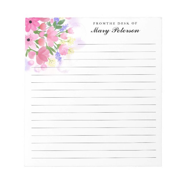 Bloc-note Elégant Fleurs Aquarelles Roses Bleues Personnalis (Devant)