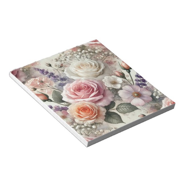 Bloc-note Elegant Pink and White Rose Pattern Notepad (Incliné)