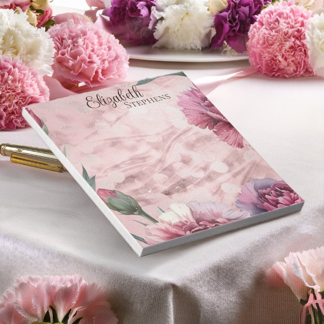 Bloc-note Elegant Pink Carnations Boho Floral - Name (Personalized Carnation Floral Watercolor Notepad | Elegant Pink Mauve Burgundy Name Stationery)