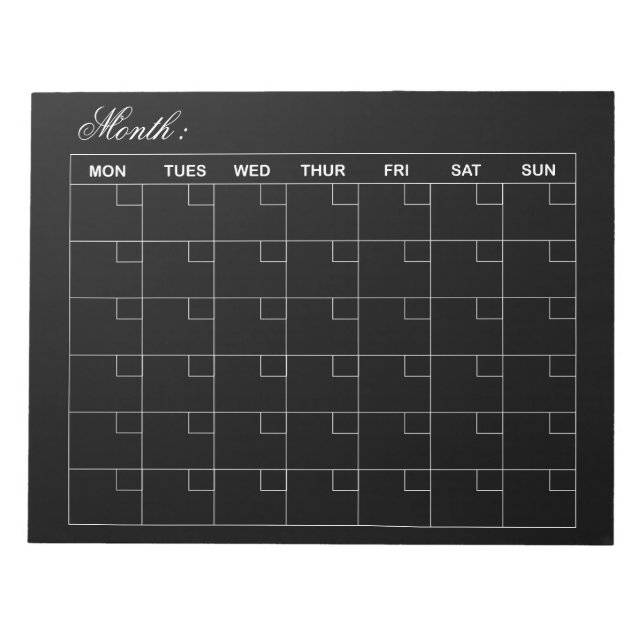 Bloc-note Élégant planificateur de calendrier mensuel noir (Devant)
