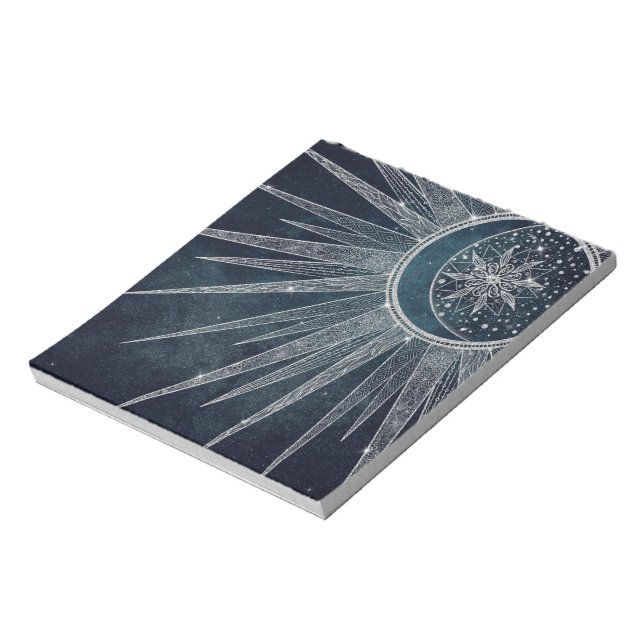 Bloc-note Elégant Silver Sun Moon Doodle Mandala Blue Design (Tourné)