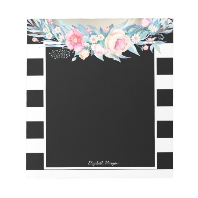 Bloc-note Elégant Style Stripes, Fleurs - Personnalisé (Devant)