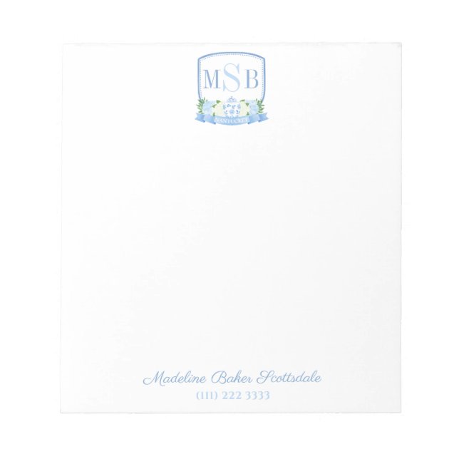 Bloc-note Elégante aquarelle bleu Monogram Crest Lady's (Devant)