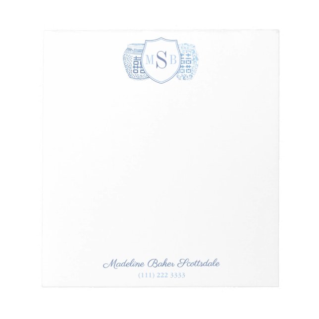 Bloc-note Élégante Femme Ginger Jar Bleu Et Blanc Monogramme (Devant)