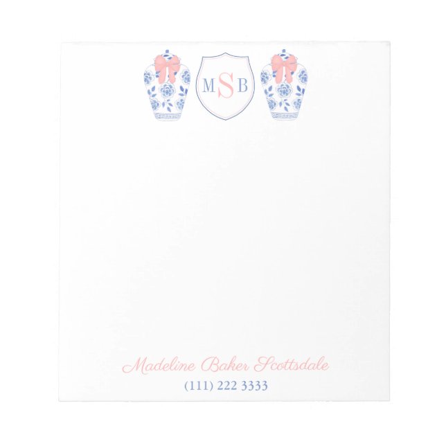 Bloc-note Élégante Femme rose Ruban Bleu Blanc Vase Monogram (Devant)