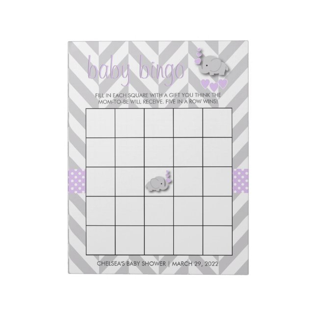 Bloc-note Eléphant violet et gris Baby shower Jeu de Bingo (Tourné)
