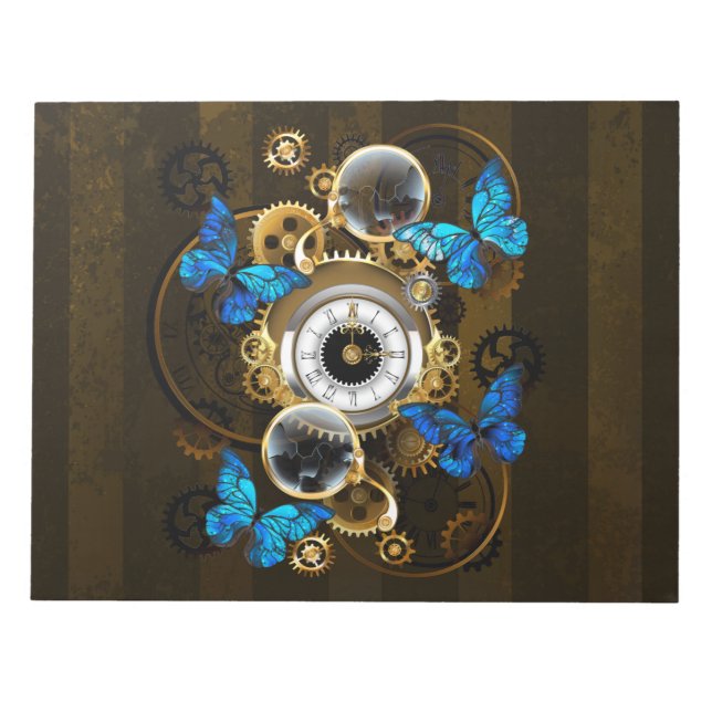 Bloc-note Engrenages à vapeur et papillons bleus (Devant)