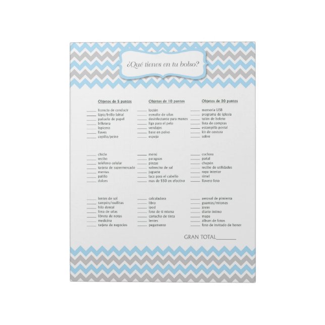 Bloc-note ESPAGNOL Ce qui est dans votre sac de Baby shower  (Tourné)