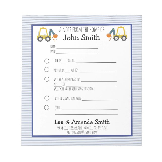 Bloc-note Excavateur Construction School Note Excusez 1 enfa (Devant)