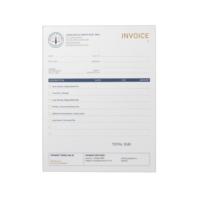 Bloc-note Facture de signature légale de notaire mobile pers (Tourné)