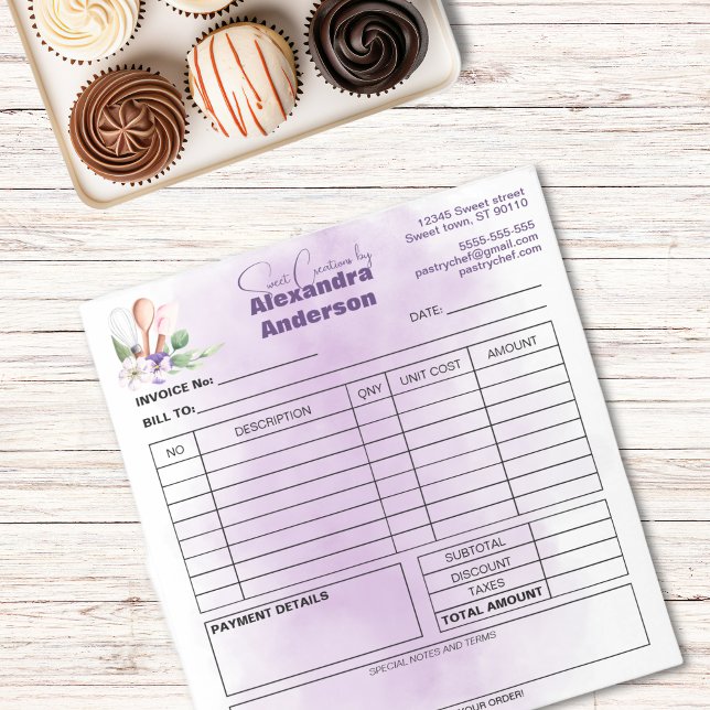 Bloc-note Facturer Pâtisserie Chef Purple Floral Aquarelle (Créateur téléchargé)