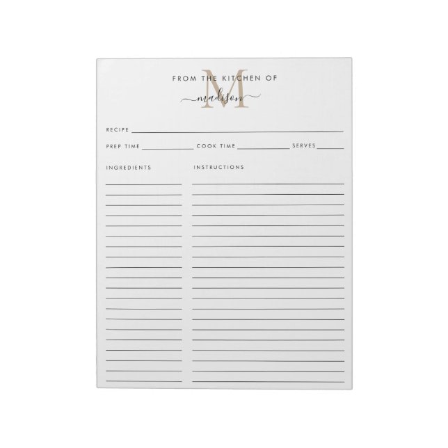 Bloc-note Feuille de recette de la cuisine de Monogramme d'o (Tourné)