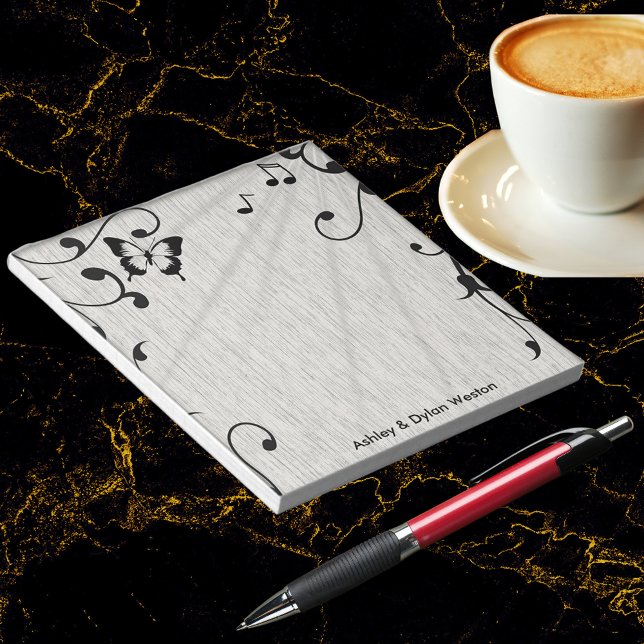 Bloc-note Feuille  gris et noir Mariage de bois (Music Butterfly Leaves Gray & Black Wood Wedding Notepad)