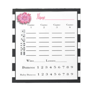 Bloc-note Feuilles de score Bunco Noir et Blanc Fleur Rose