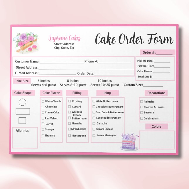 Bloc-note Fiche de commande de gâteau Rose de la broche aqua (Créateur téléchargé)