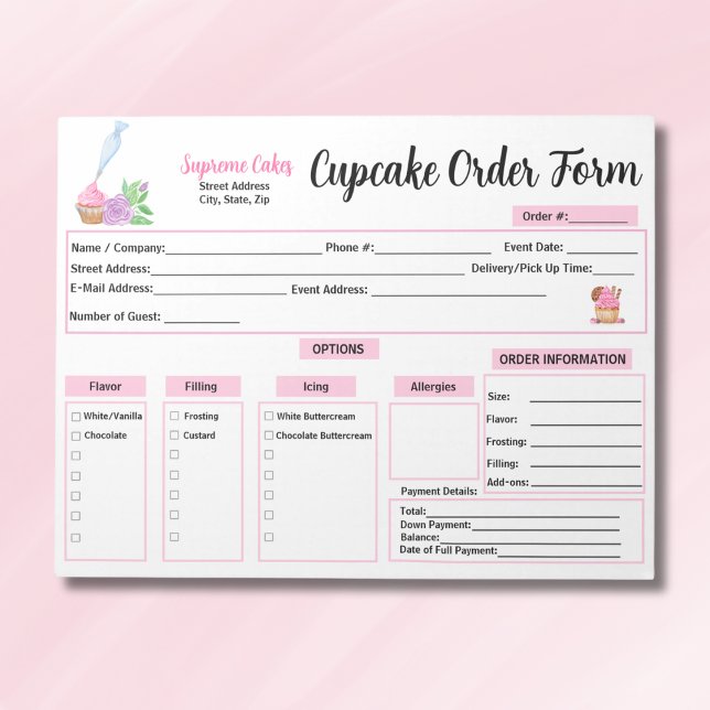 Bloc-note Fiche de commande Rose de cupcake de l'étain (Créateur téléchargé)